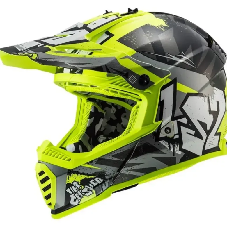 Casco Cross Bambino Ls2 MX437 Fast Evo II Mini Crusher Nero Lucido H-V Giallo