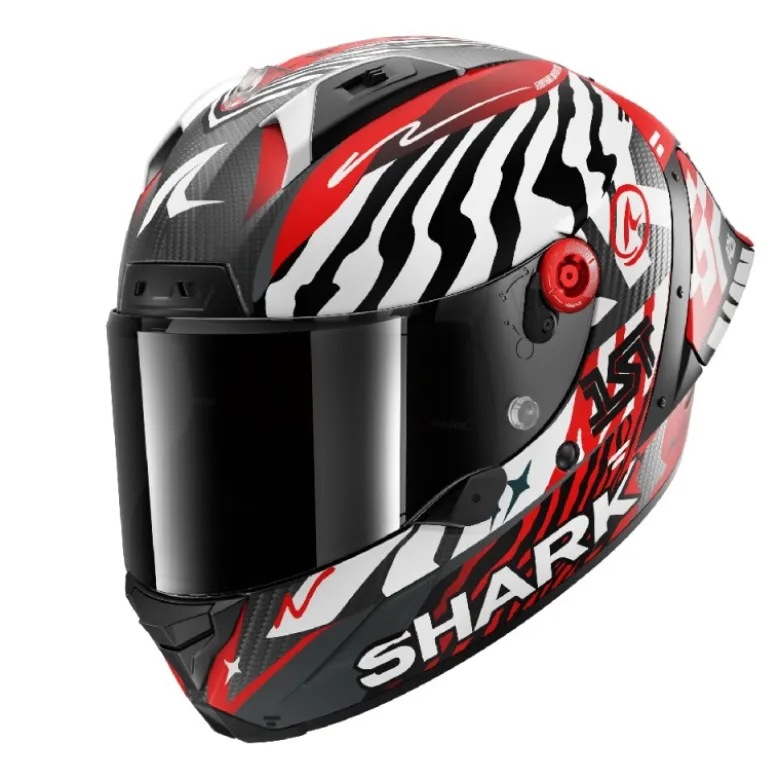 Casco Integrale Shark Aeron-Gp Fim Racing -2 Speed-Fancy Carbon Bianco Rosso Opaco