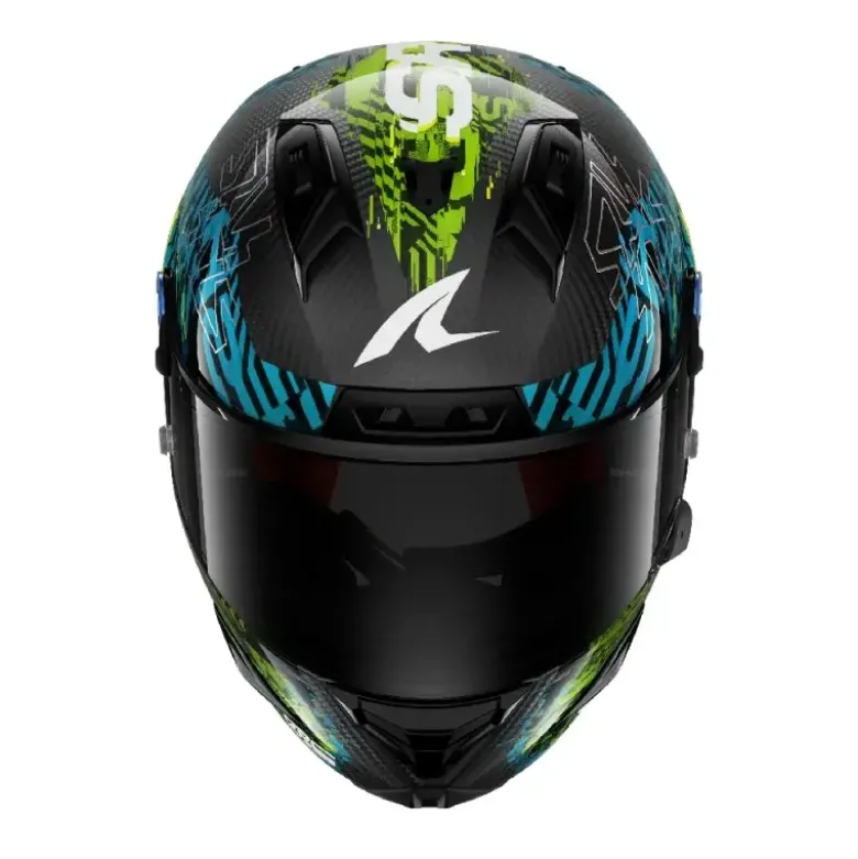 Casco Integrale Shark Aeron-Gp Fim Racing -2 Speed-Vib Carbon Blu Verde Lucido
