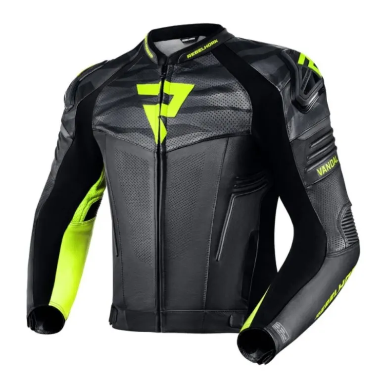 Giacca In Pelle Rebelhorn Vandal Nero Giallo Fluo