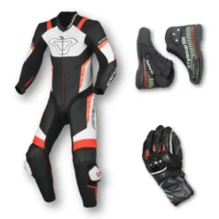 Set Racing Bambino Tuta Macna Varshall Nero Rosso, Guanti Macna Street R con Stivale Stylmartin Speed Jr